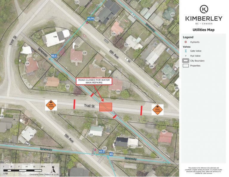 Water Main Break in Kimberley Prompts Road Closure Along Section of Trail Street