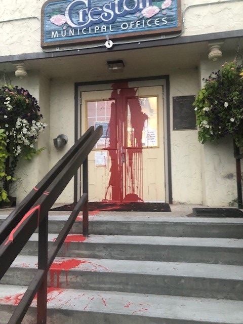 Creston Town Hall vandalized with red paint